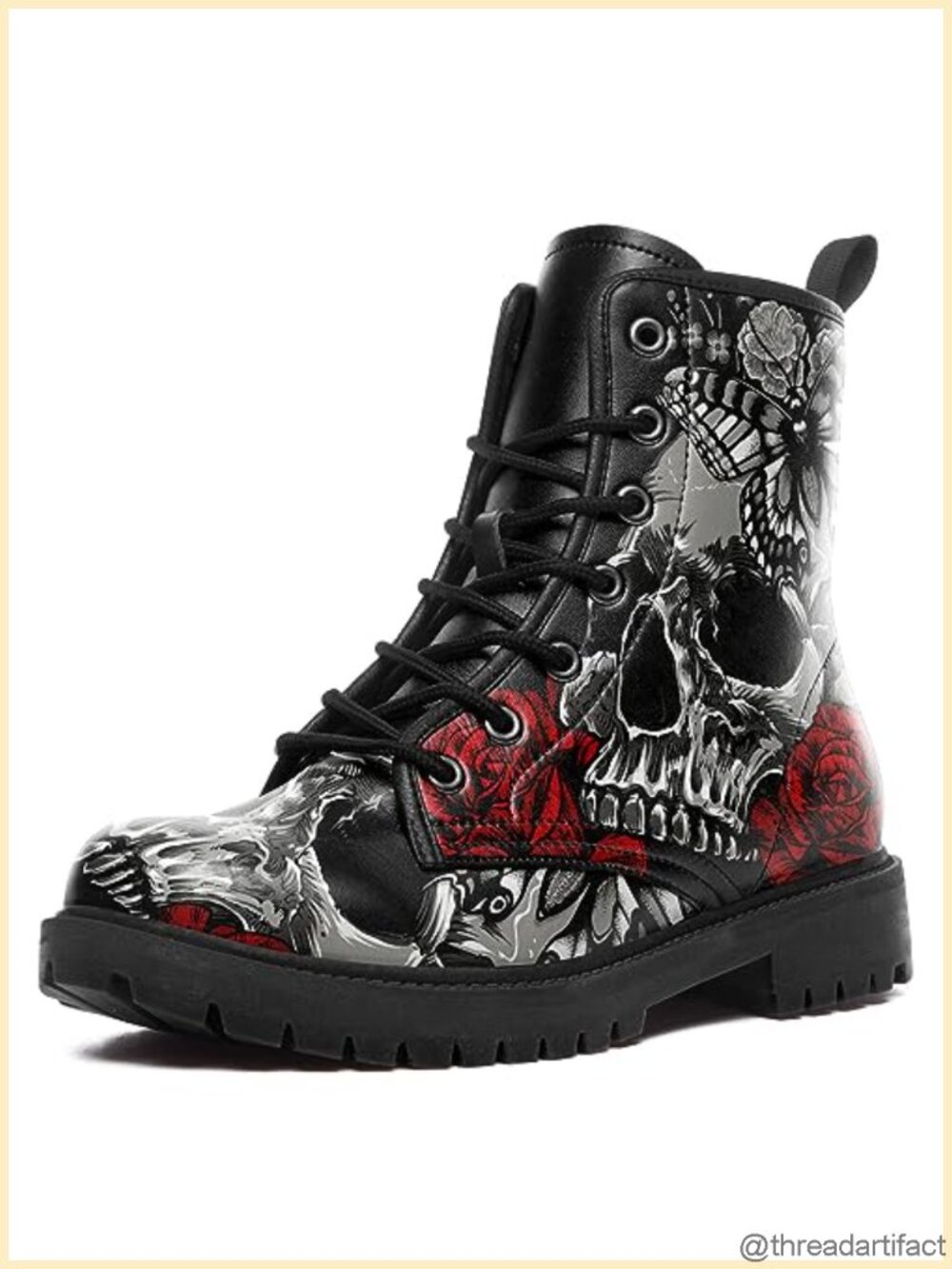 Combat Ankle Boots Lace Up Skull Rose Printed Faux Leather Chunky Platform